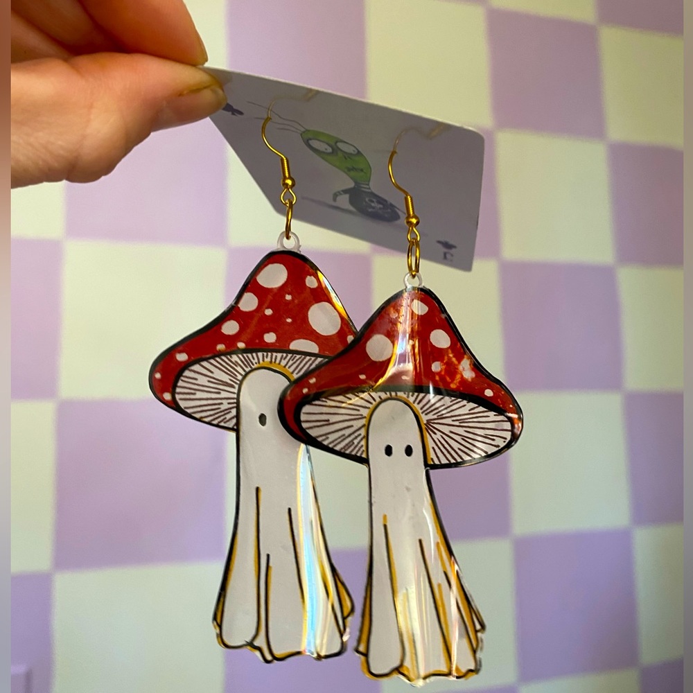 *3 for $12* Handmade Recycled Plastic Ghost Mushroom Earrings - Picture 1 of 7